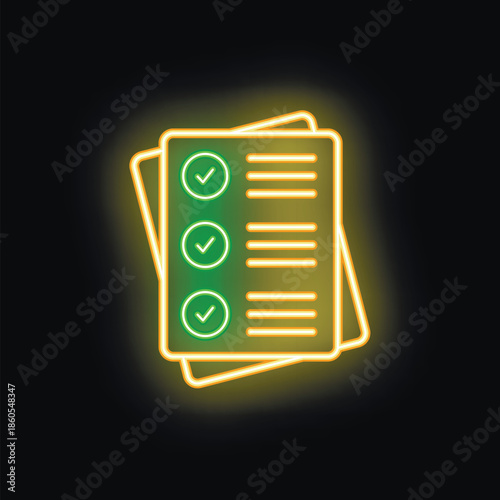 Glowing neon icon of documents with check marks representing completing tasks