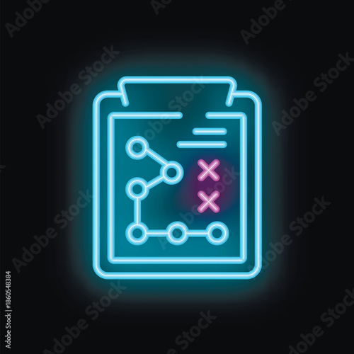 Bright neon icon of clipboard with business plan and check marks showing successful strategy planning