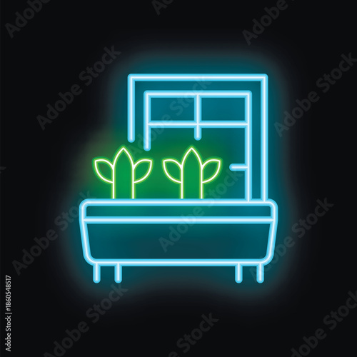 Green and blue neon sign showing a window with a flower box and plants