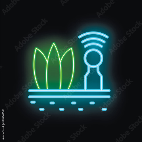 Smart farm sensor monitoring soil and plants neon sign on black background