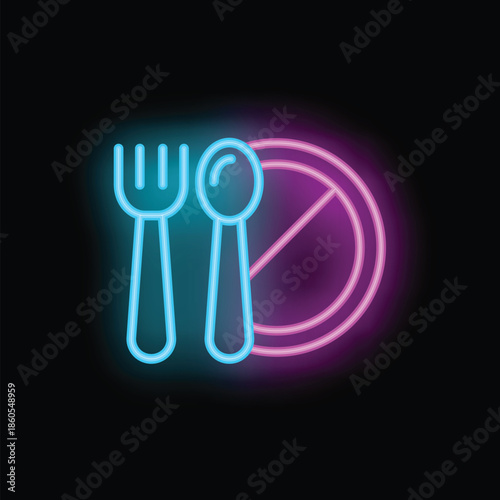 Neon sign depicting cutlery and a no food allowed sign, suitable for concepts such as dieting and fasting