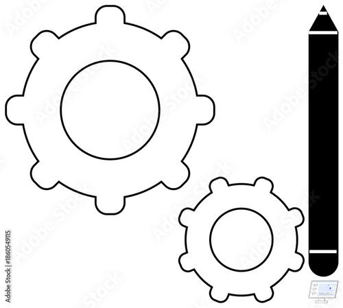 Technology development, engineering tools, creative design, mechanical systems, innovation, digital art. Two black gear icons next to a stylus pen. Design and engineering tools concept