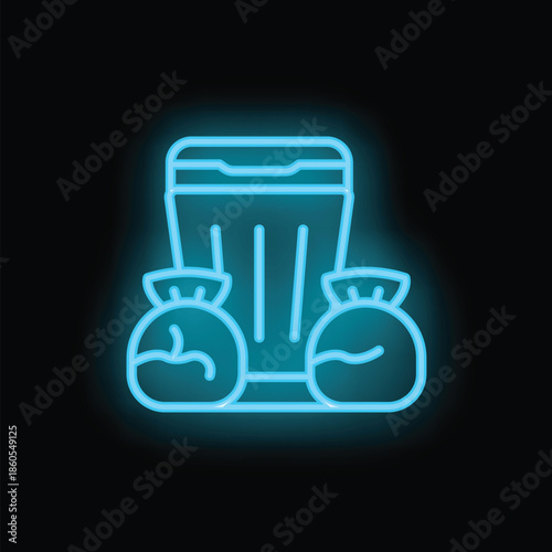 Neon trash bin icon with two trash bags shining in blue light on dark background