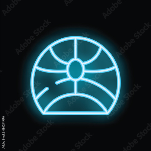 Blue neon sign showing a globe on black background, great for concepts such as travel, international relations and globalization