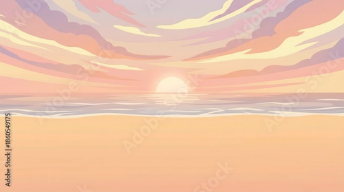 Pixel Art Sunset Over Calm Ocean Waves With Sandy Beach And Colorful Sky