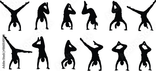 Breakdance dancer silhouettes set with acrobatic street moves isolated on white background, hip hop urban culture action black vector illustration collection