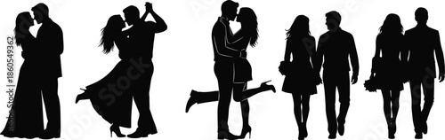 Romantic couples silhouettes set walking hugging dancing together isolated on white background, love relationship concept black vector illustration collection editable