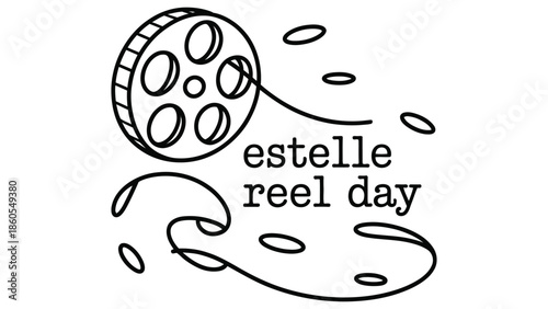 Estelle reel day hand drawn illustration with film reel and flowing ribbon sketch style for education history awareness celebration isolated on white background
