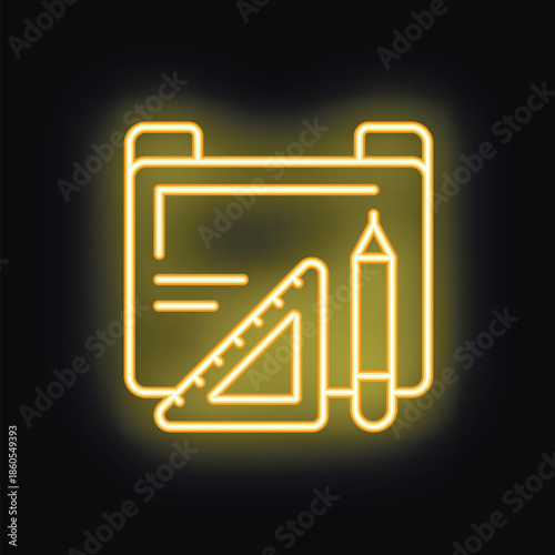 Glowing neon icon of a ruler, set square, and pencil symbolizing technical drawing, architecture, or engineering