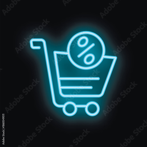 Blue neon shopping cart icon is glowing with a percentage symbol, representing sales and discounts