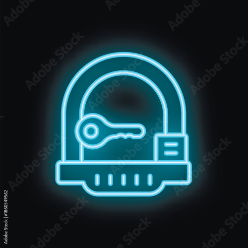 Blue neon icon of a bike lock, illuminating security and protection for bicycles