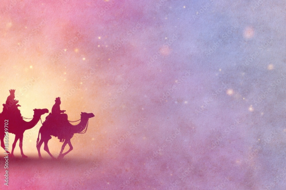 Naklejka premium Pilgrimage of Light: A celestial journey unfolds as silhouettes of figures on camels traverse a dreamy, starlit landscape, evoking a sense of ancient pilgrimage and wonder. 