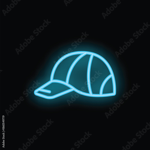 Neon style icon showing a baseball cap glowing on black background