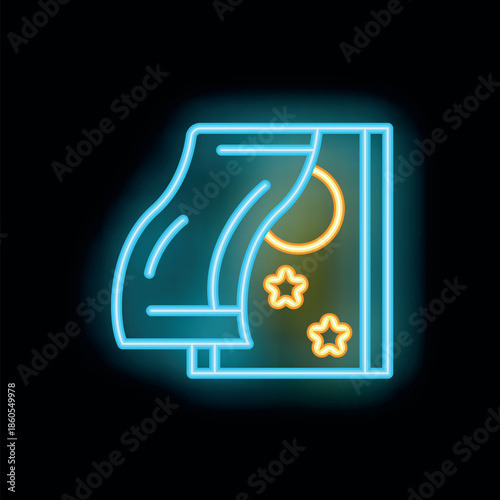 Glowing neon open book with moon and stars illuminating the night