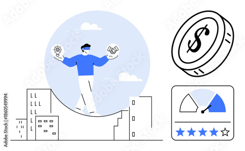Business decision-making. Business professional weighing innovation and financial growth for success. Business focusing on balanced choices and economic growth. For finance, strategy, startups