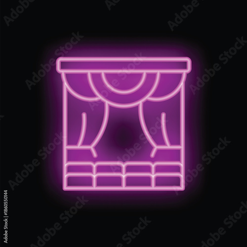 Violet neon sign representing a theater stage with curtains, evoking performing arts and entertainment