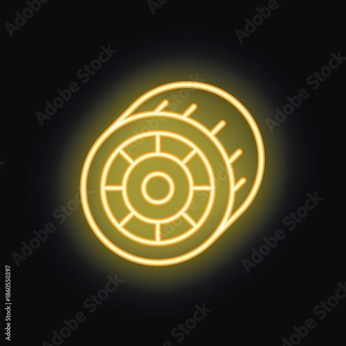 Yellow glowing neon icon of car wheel with tire is shining on dark background