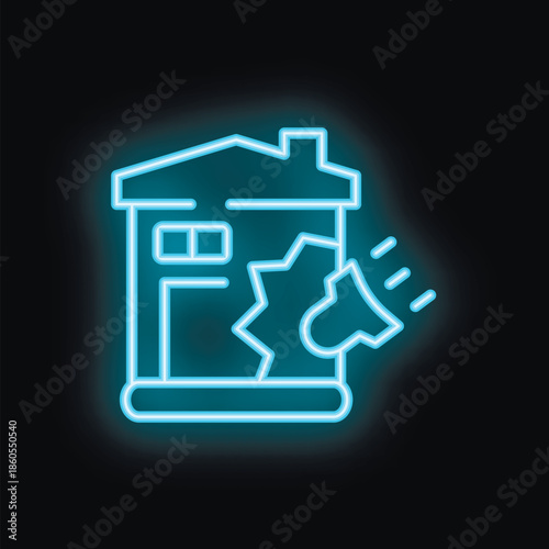 Neon sign depicting a house with a gear and megaphone, symbolizing the announcement of smart home technology and automation