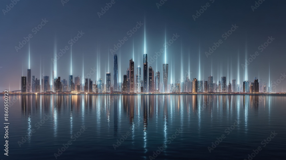 Fototapeta premium Futuristic Cityscape with Glowing Data Connections and Technology Elements Reflecting on Water at Night