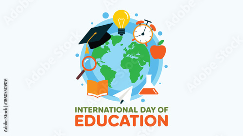 International day of education creative illustration with globe, graduation cap, books and learning icons for global education awareness