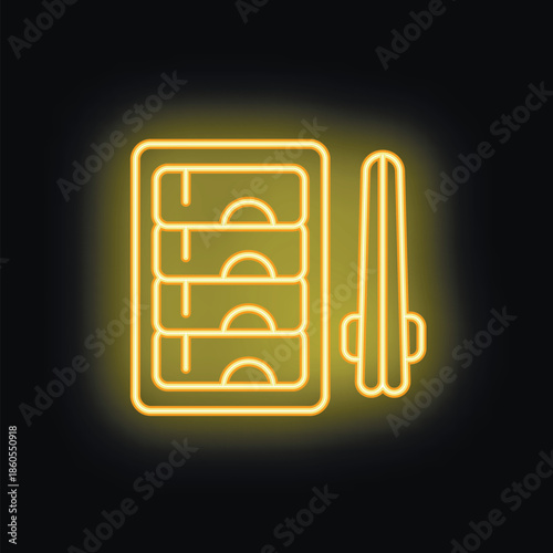 Glowing neon yellow sushi tray with a pair of chopsticks on a black background