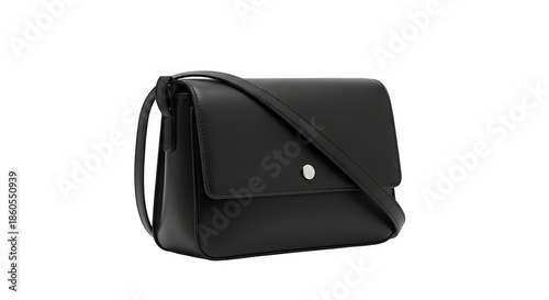 Black leather shoulder bag isolated on transparent background