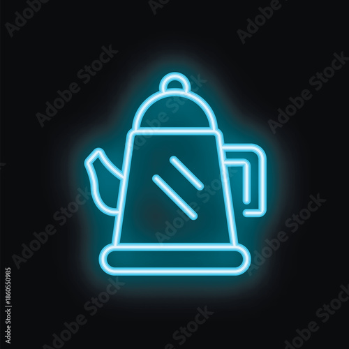 Blue neon sign of a coffee pot glowing on black background, simple design element for cafe or restaurant