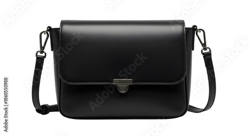 Black leather messenger bag isolated on transparent background
