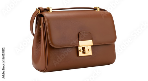Brown leather handbag isolated on transparent background