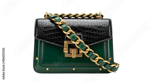 Luxury green purse with gold and green chain strap isolated on transparent background