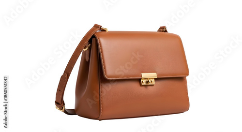 Brown leather shoulder bag isolated on transparent background