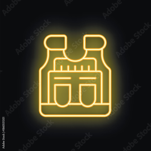 Yellow neon sign depicting a bulletproof vest, emitting a warm glow against a dark backdrop