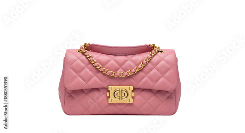 Pink quilted handbag with gold chain strap and clasp isolated on transparent background