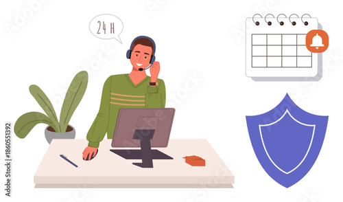 Friendly customer support agent at desk with headset, shield icon, and calendar alert symbolizing service protection, time management, client assistance, and reliability. Ideal for support