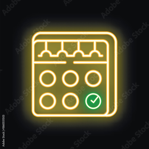 Neon glowing symbol of calendar showing day seven of cycle on black background