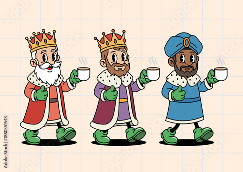 Three Kings with Coffee Retro Cartoon Character Illustration for Epiphany