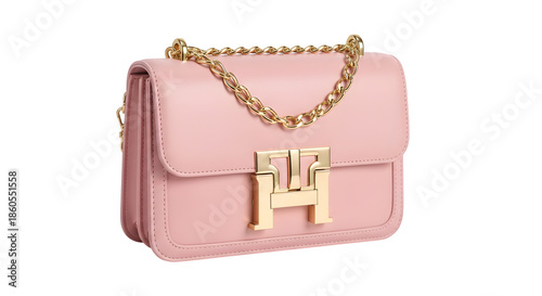 Pink leather handbag with gold chain strap and clasp isolated on transparent background