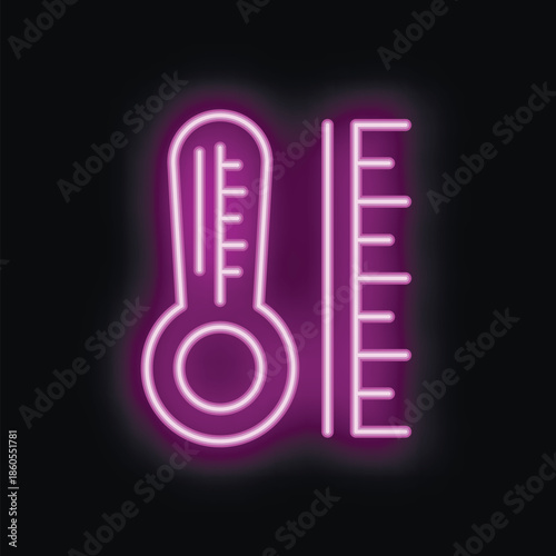 Purple neon icon of a thermometer and a measurement scale glowing on dark background