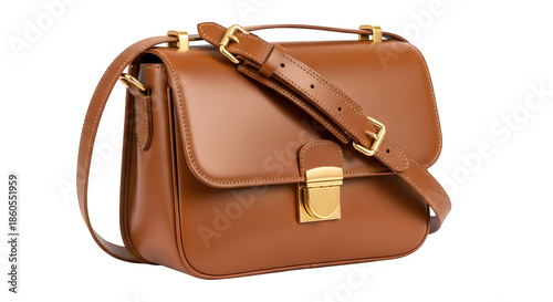Brown leather shoulder bag isolated on transparent background