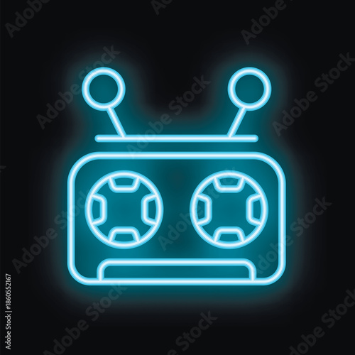 Blue neon radio icon glowing on dark background representing concept of listening music