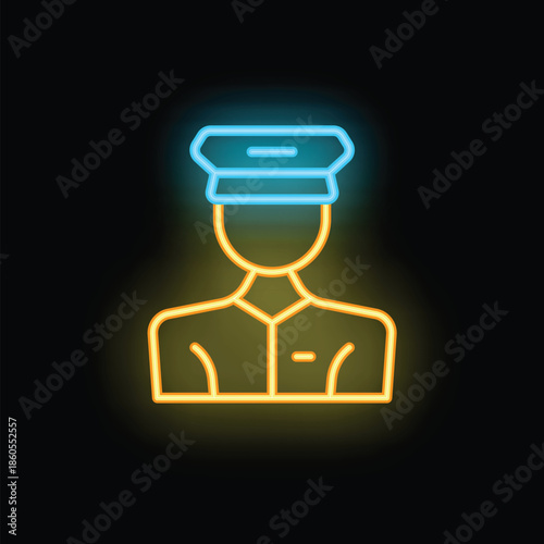 Neon sign representing a security guard wearing a uniform and a cap, symbolizing security and protection