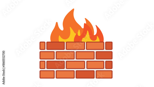 Burning brick wall with vibrant orange flames rising, Generative AI.
