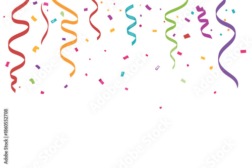 Colorful birthday party streamers and falling confetti illustration featuring a watercolor paint splash design and heart shapes on a white paper frame for a festive holiday celebration wallpaper