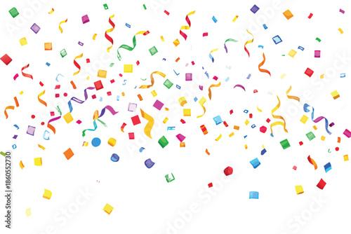 Colorful birthday party streamers and 3D confetti vector illustration with heart shapes and paper textures creates a happy celebration decoration pattern isolated on a white holiday wallpaper design