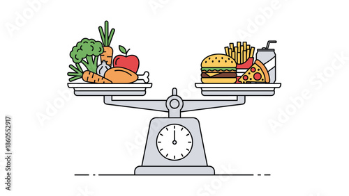 Healthy food versus junk food on balance scale, Generative AI.