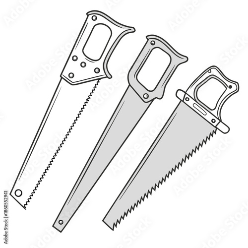 A professional set of sharp metal tools for repair and construction including a steel saw and cutter knife with black handles isolated on a white background for carpentry work