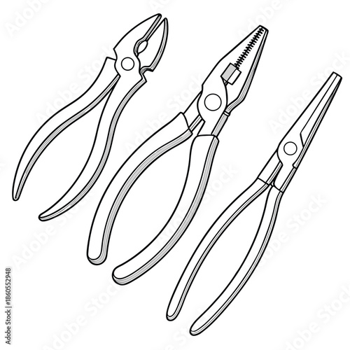 A set of sharp steel knife and fork vector illustrations with metal blades and silver handles isolated on a white background for kitchen tool equipment icons