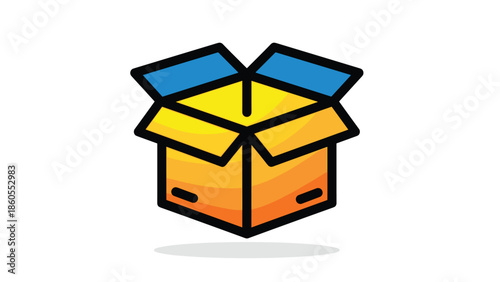 Vibrant open cardboard box with blue and yellow details, Generative AI.