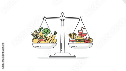 Healthy food versus junk food on a balance scale, Generative AI.
