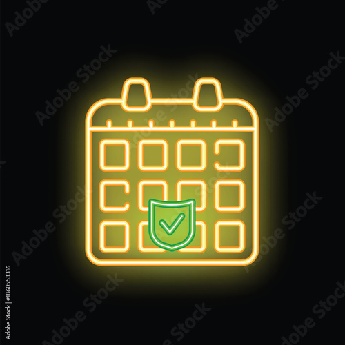 Neon glowing calendar with a shield showing a check mark icon, representing a secure and protected schedule